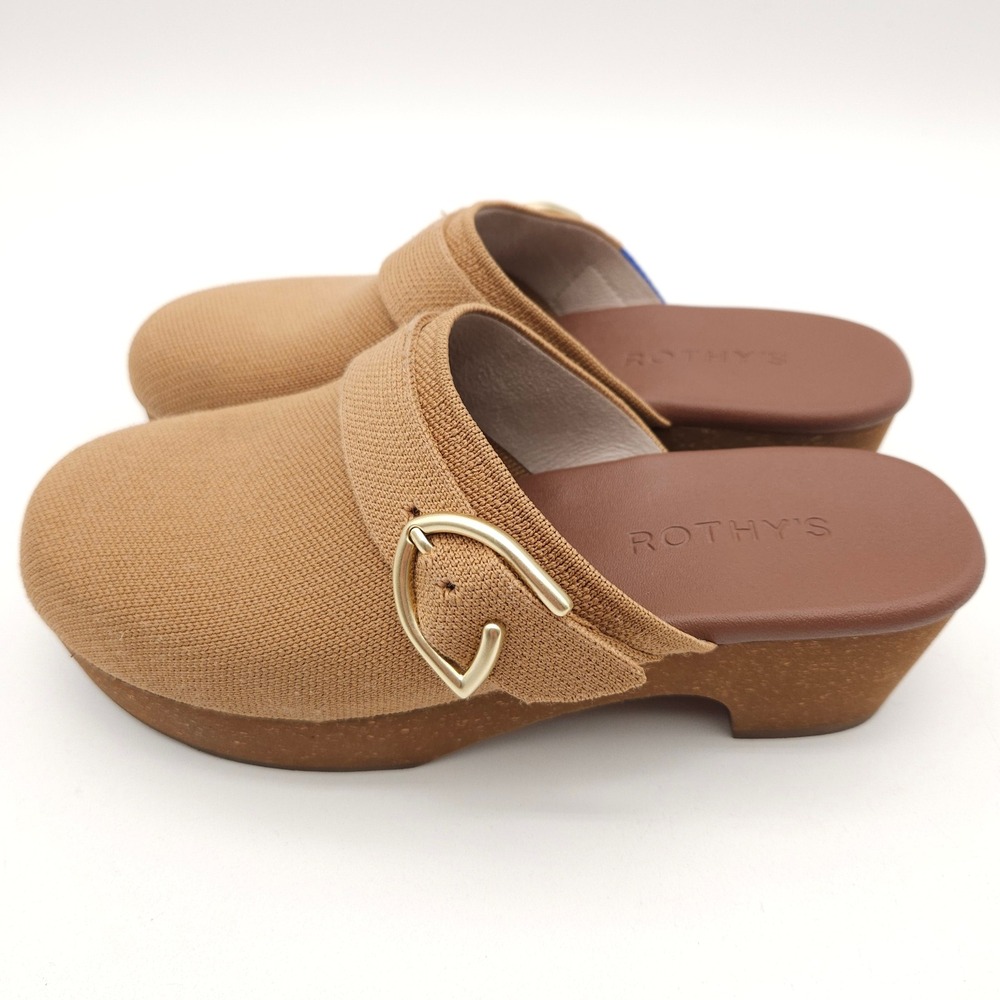 Rothy's Women's 7.5 Butternut Classic Buckle Clog Platform Knit Mule Comfort Tan - Picture 2 of 9